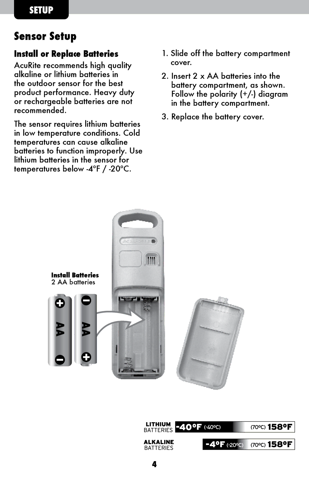 Acu-Rite 02029W instruction manual Sensor Setup, Install or Replace Batteries 