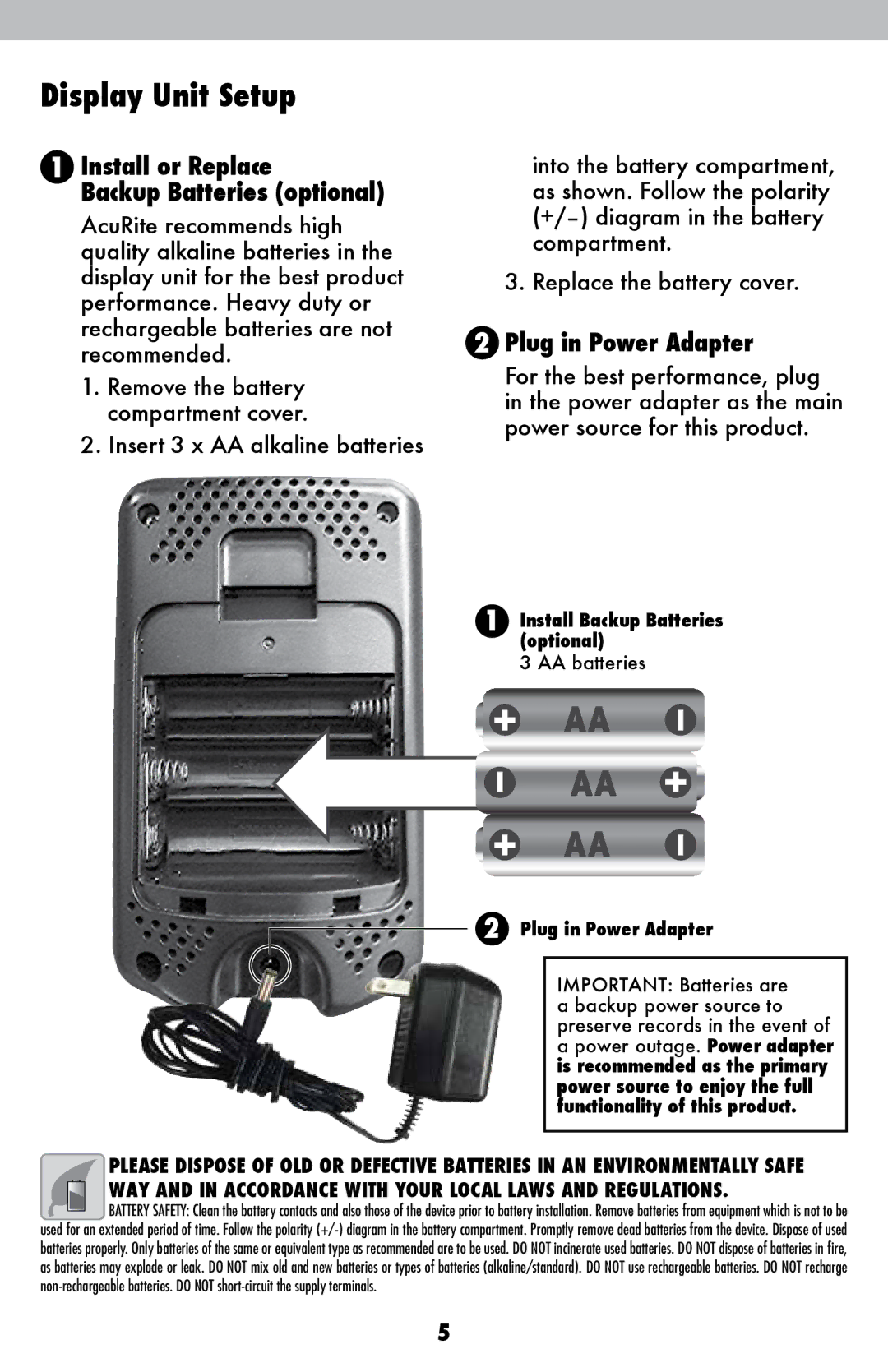 Acu-Rite 02029W instruction manual Display Unit Setup, Install or Replace, Backup Batteries optional, Plug in Power Adapter 