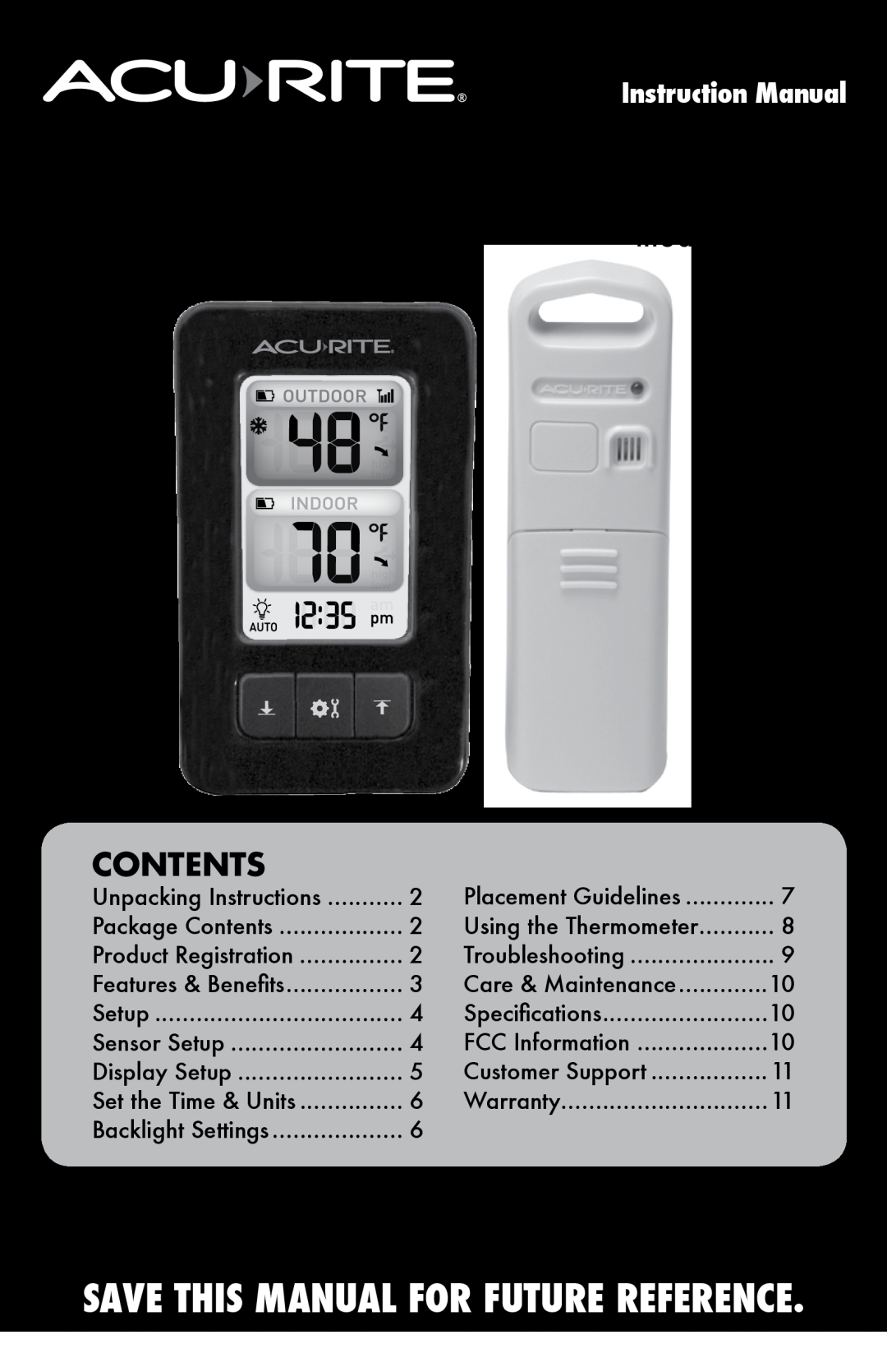 Acu-Rite instruction manual Contents, model 02029W, Thermometer, Save This Manual For Future Reference 