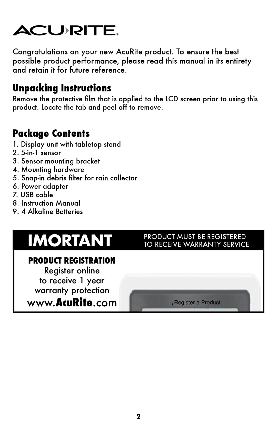 Acu-Rite 02032C / 888143 instruction manual Unpacking Instructions, Package Contents 