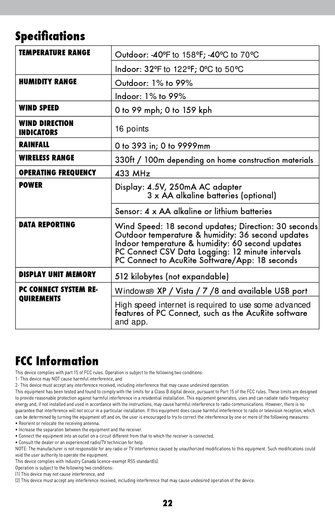 Acu-Rite 02032C / 888143 instruction manual Specifications, FCC Information 