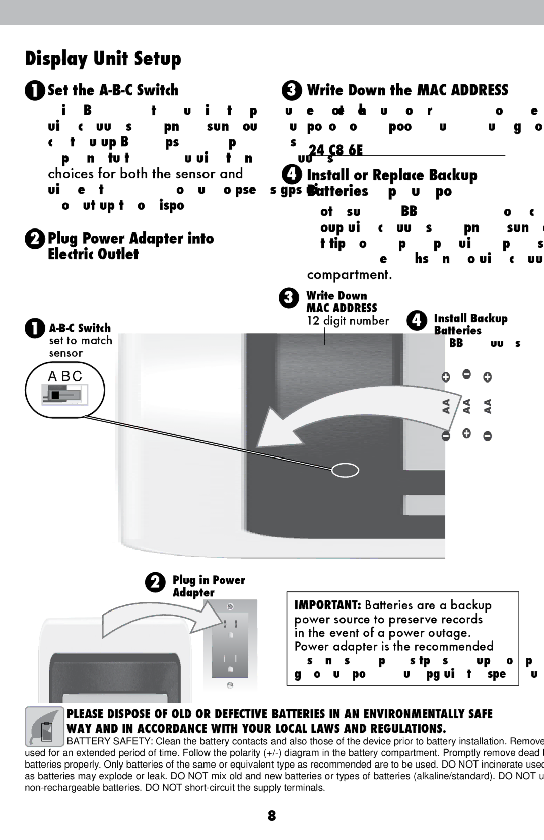 Acu-Rite 02032C / 888143 Display Unit Setup, Plug Power Adapter into Electric Outlet, Write Down the MAC Address 