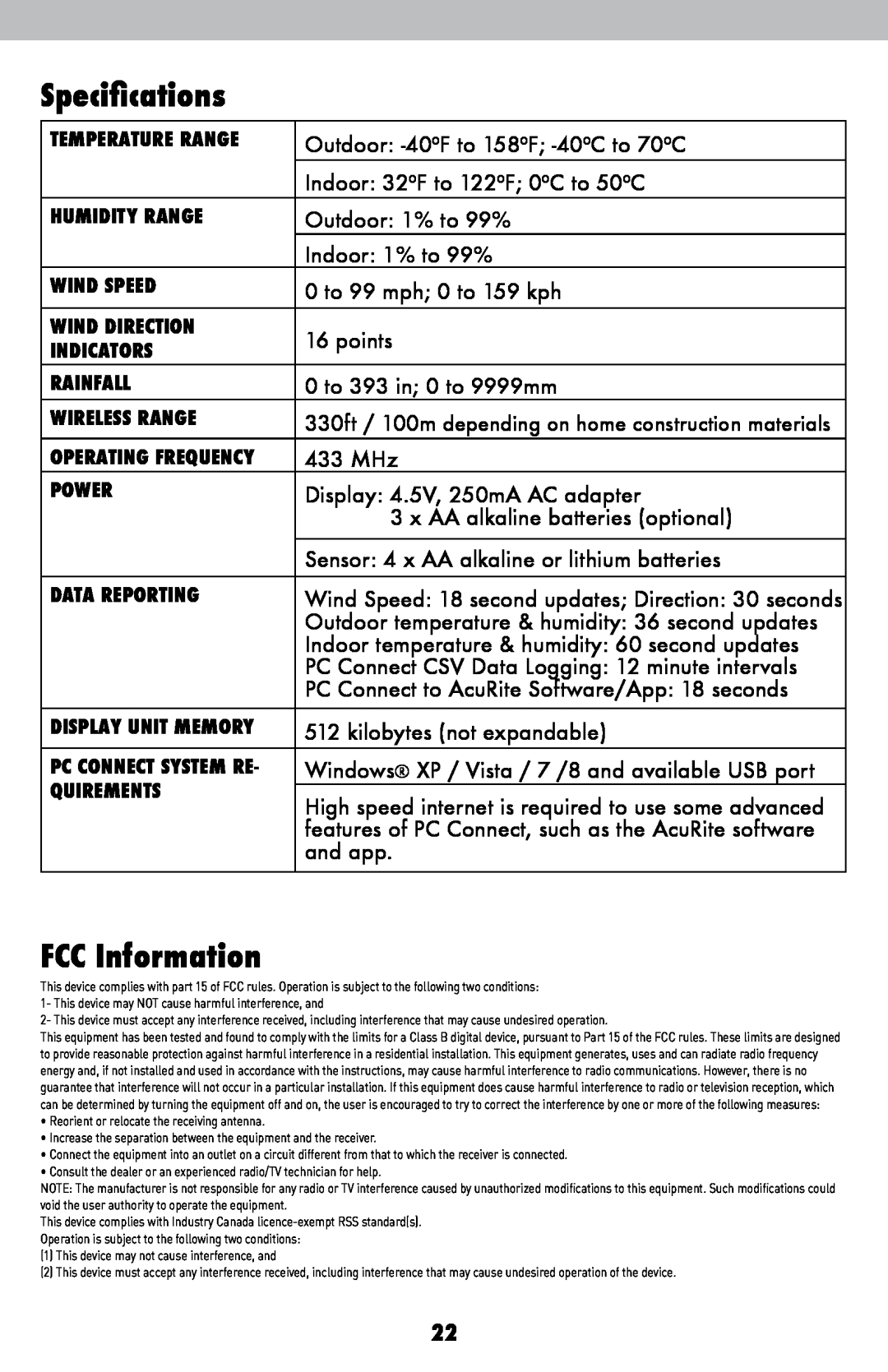Acu-Rite 02032C / 888143 instruction manual Specifications, FCC Information 
