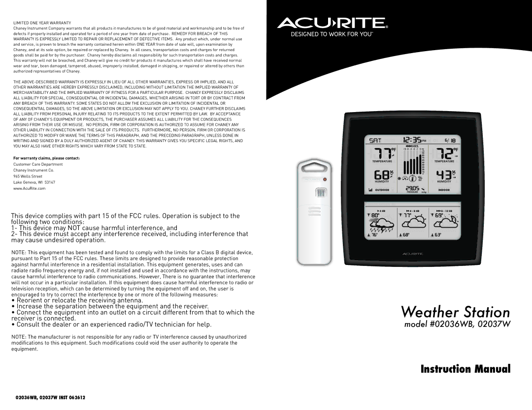 Acu-Rite 02037W, #02036WB instruction manual Weather Station 