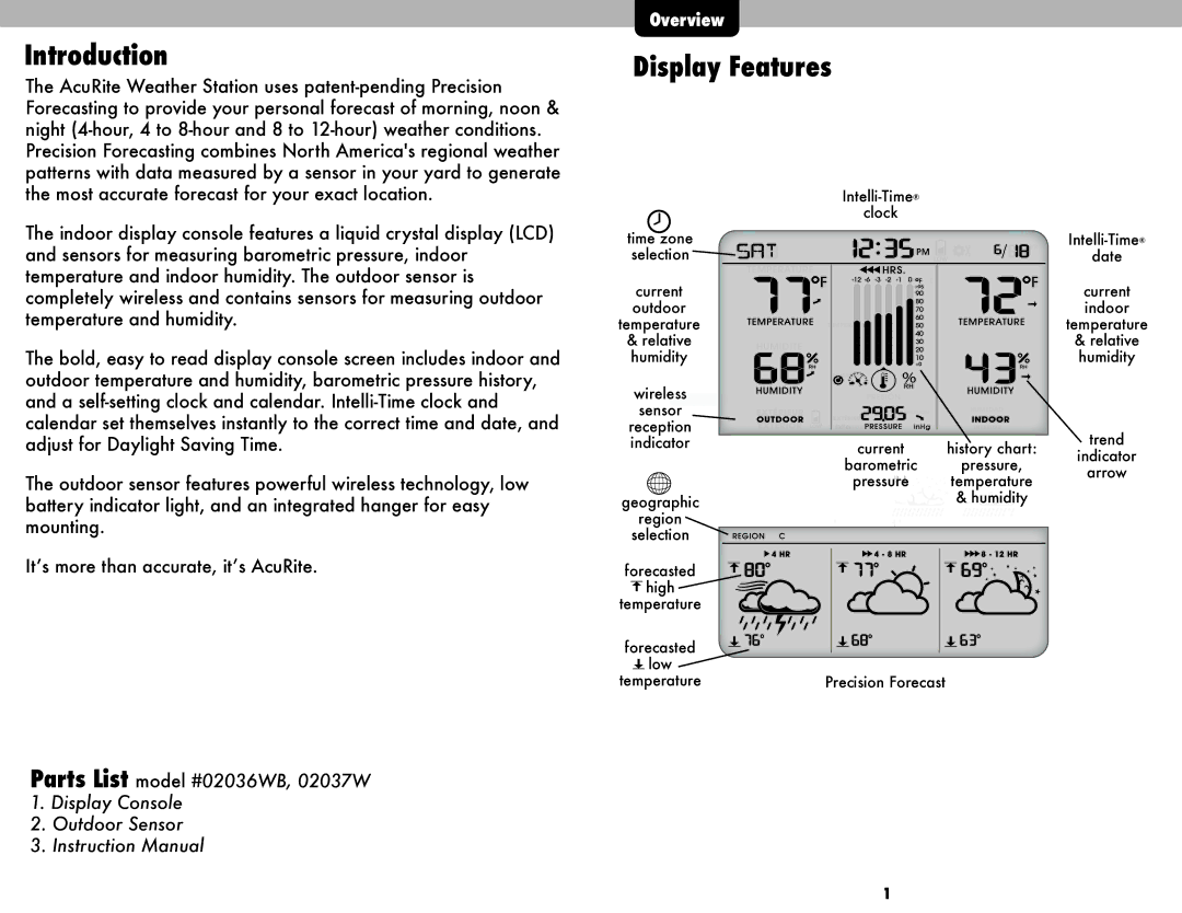 Acu-Rite #02036WB, 02037W instruction manual Introduction, Display Features 