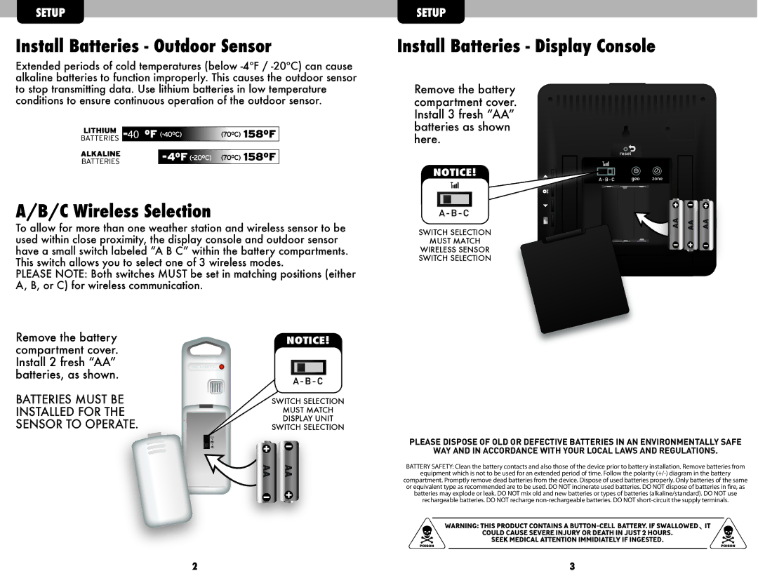 Acu-Rite 02037W, 02036WB Install Batteries Outdoor Sensor, C Wireless Selection, Install Batteries Display Console 