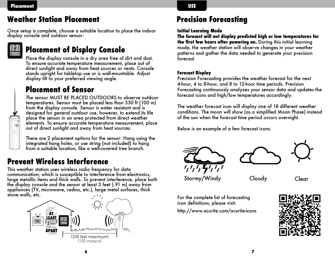 Acu-Rite #02036WB Weather Station Placement, Placement of Display Console, Placement of Sensor, Precision Forecasting 