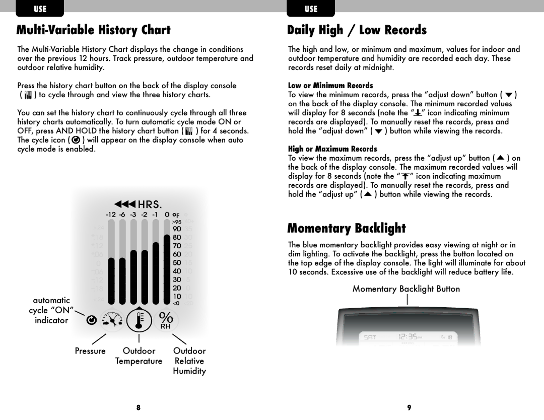 Acu-Rite 02037W Multi-Variable History Chart, Daily High / Low Records, Momentary Backlight, Low or Minimum Records 