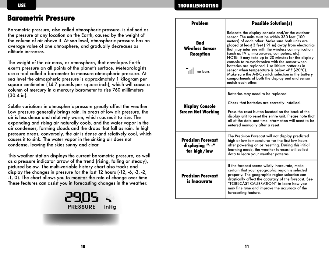 Acu-Rite 02037W, #02036WB instruction manual Barometric Pressure, Problem Possible Solutions, Reception, For high/low 