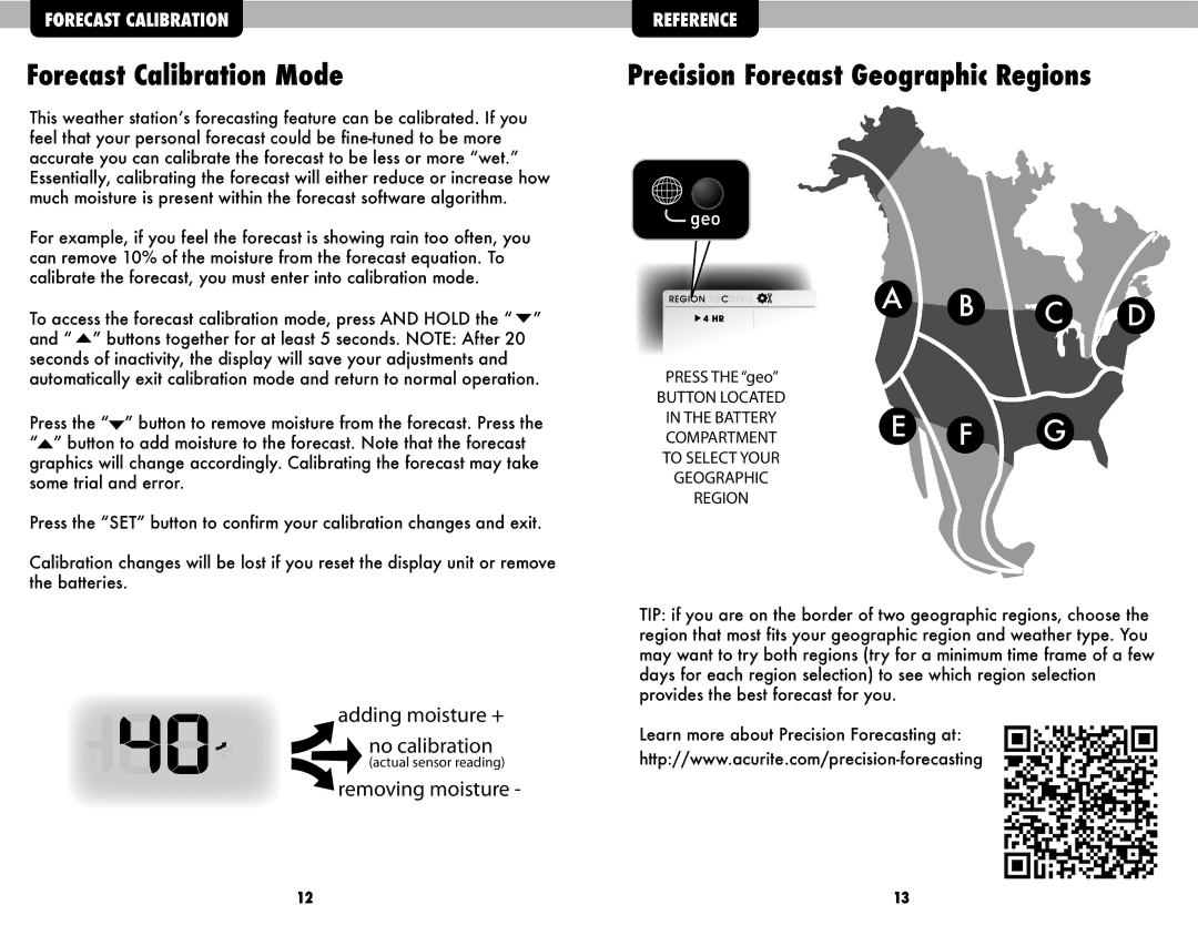 Acu-Rite #02036WB, 02037W instruction manual Forecast Calibration Mode, Precision Forecast Geographic Regions 