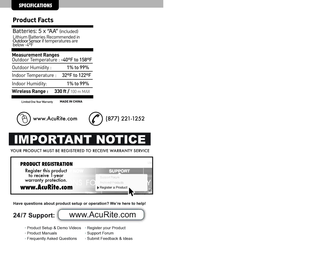 Acu-Rite 02037W, #02036WB instruction manual Important Notice 