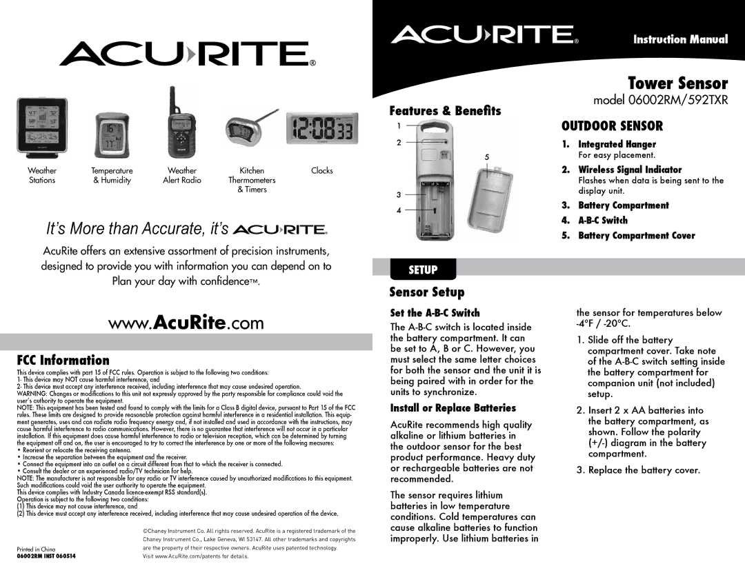 Acu-Rite 06002RM/592TXR instruction manual FCC Information, Sensor Setup, Set the A-B-C Switch 