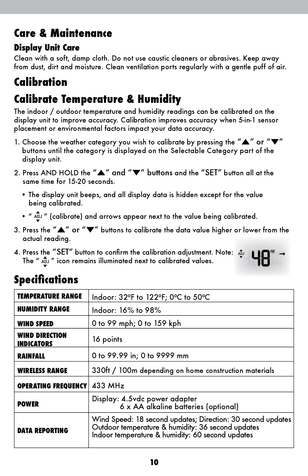 Acu-Rite 06007RM/1015RX instruction manual Care & Maintenance, Calibration Calibrate Temperature & Humidity, Specifications 