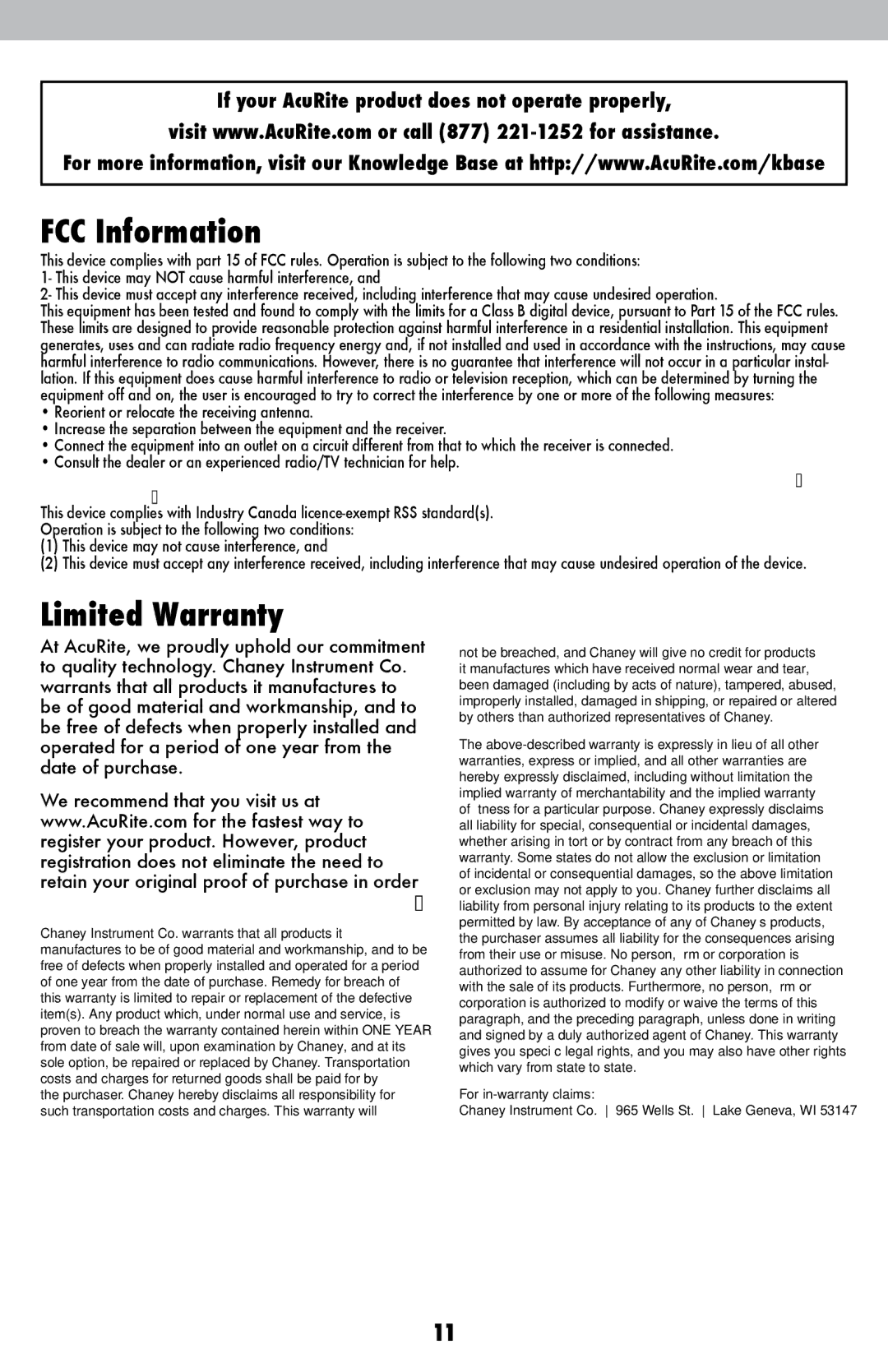 Acu-Rite 06007RM/1015RX instruction manual FCC Information, Limited Warranty 