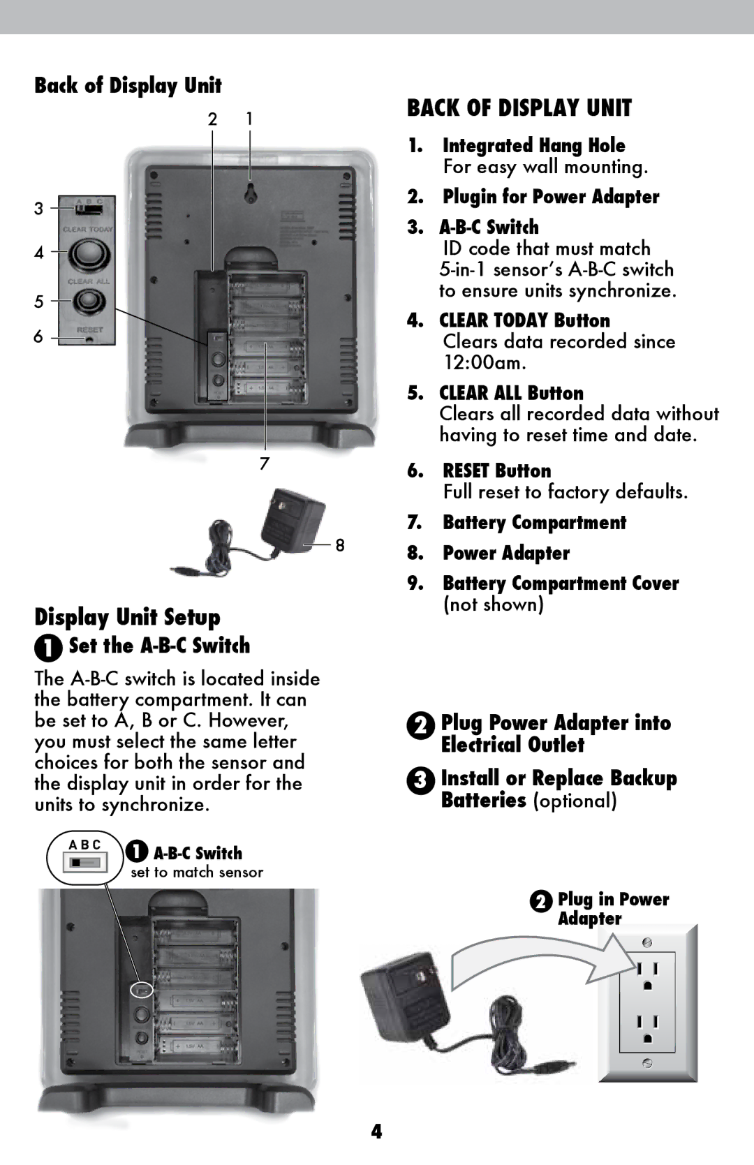 Acu-Rite 06007RM/1015RX Back of Display Unit, Set the A-B-C Switch, Plug Power Adapter into Electrical Outlet 