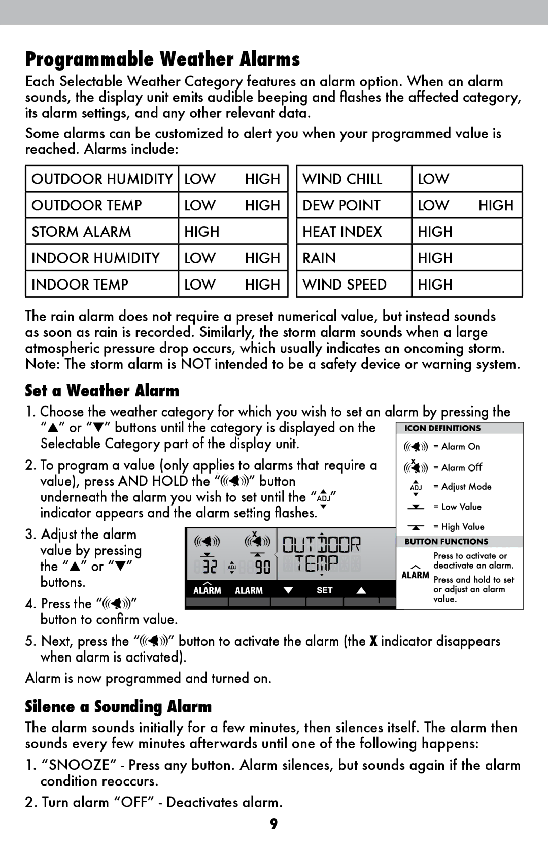 Acu-Rite 06007RM/1015RX instruction manual Programmable Weather Alarms, Set a Weather Alarm 