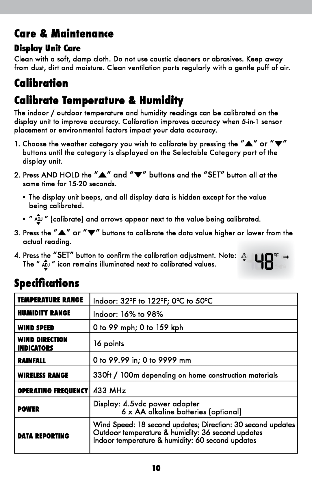Acu-Rite 06007RM/1015RX instruction manual Care & Maintenance, Calibration Calibrate Temperature & Humidity, Specifications 