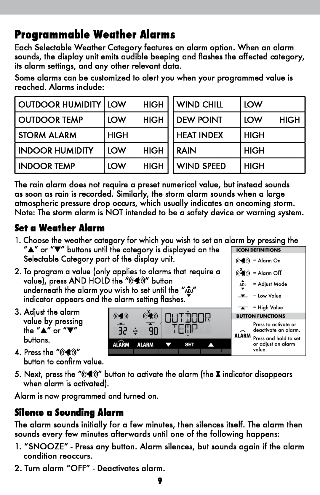 Acu-Rite 06007RM/1015RX instruction manual Programmable Weather Alarms, Set a Weather Alarm, Silence a Sounding Alarm 