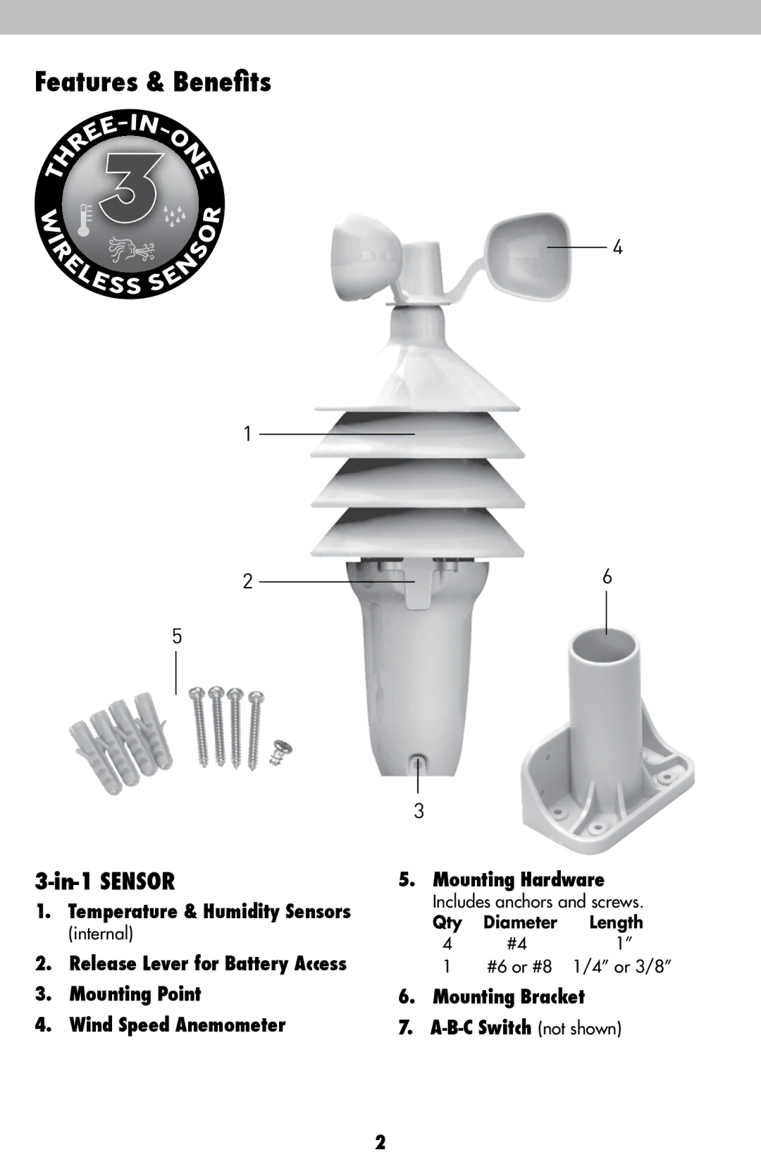 Acu-Rite 06008RM/3N1TXC Features & Benefits, Temperature & Humidity Sensors, Mounting Bracket B-C Switch not shown 