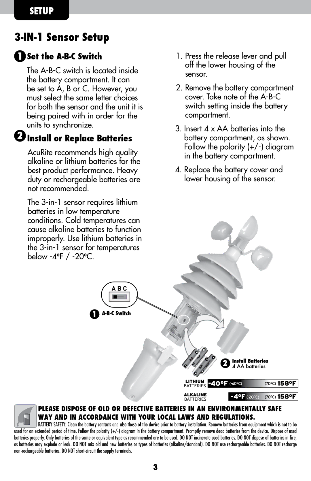 Acu-Rite 06008RM/3N1TXC instruction manual IN-1 Sensor Setup, Set the A-B-C Switch, Install or Replace Batteries 