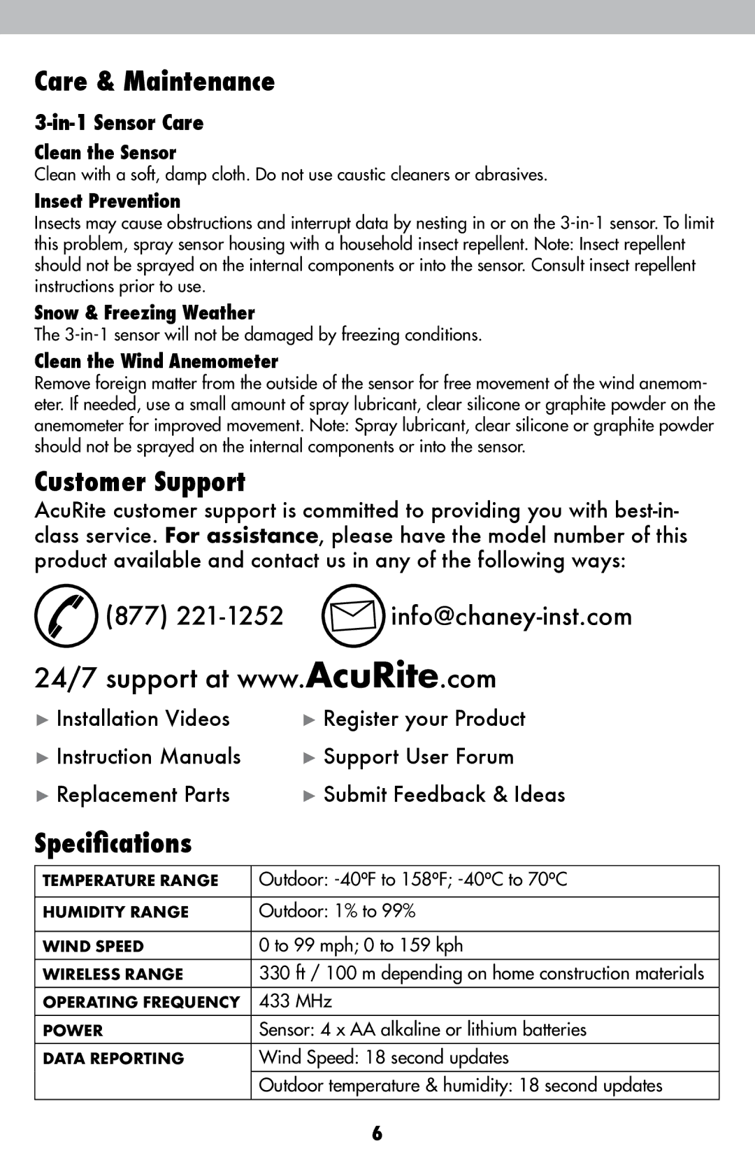 Acu-Rite 06008RM/3N1TXC instruction manual Care & Maintenance, Customer Support, Specifications, In-1 Sensor Care 