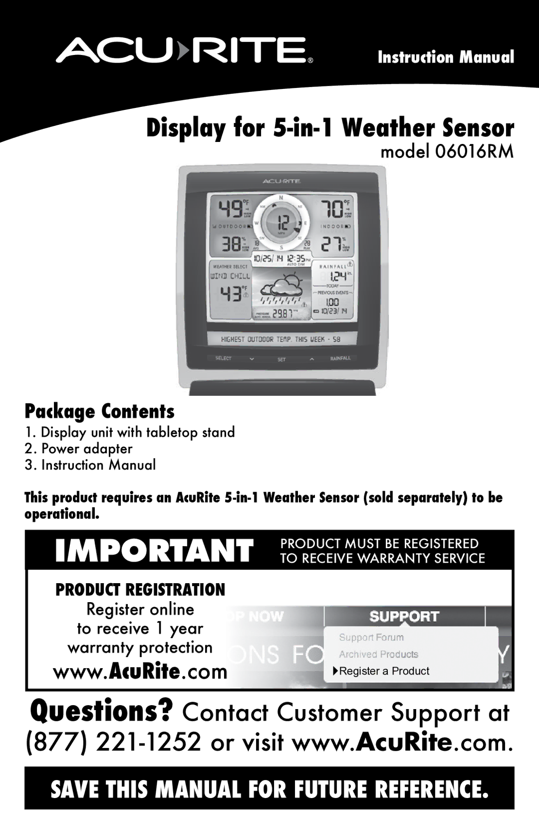 Acu-Rite 06016RM instruction manual Display for 5-in-1 Weather Sensor, Package Contents 