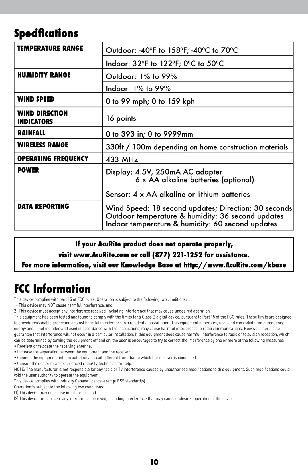 Acu-Rite 06016RM instruction manual Specifications, FCC Information 