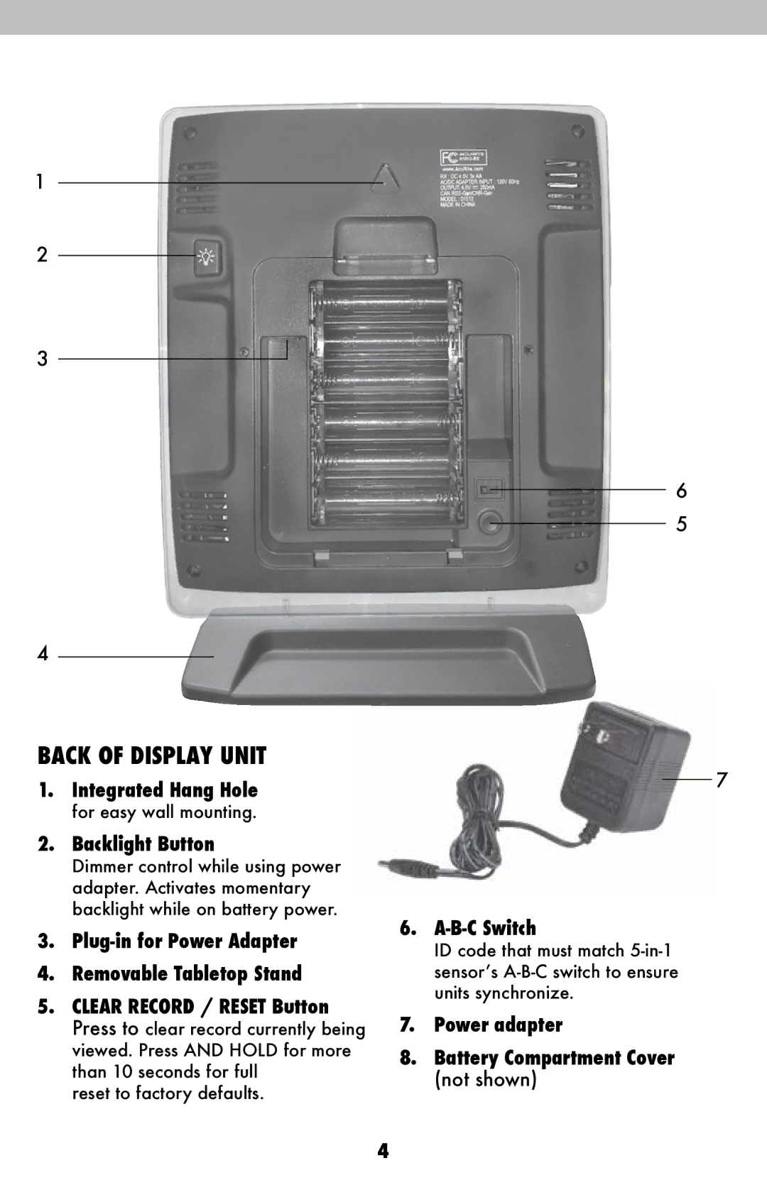 Acu-Rite 06016RM instruction manual Back of Display Unit 