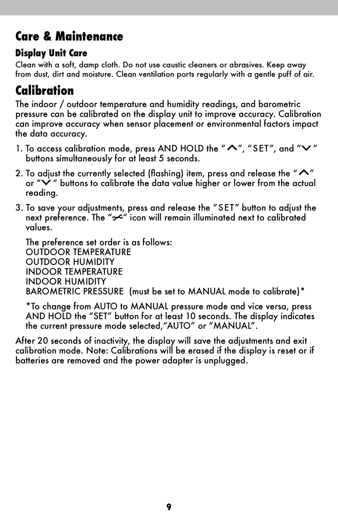 Acu-Rite 06016RM instruction manual Care & Maintenance, Calibration, Display Unit Care 