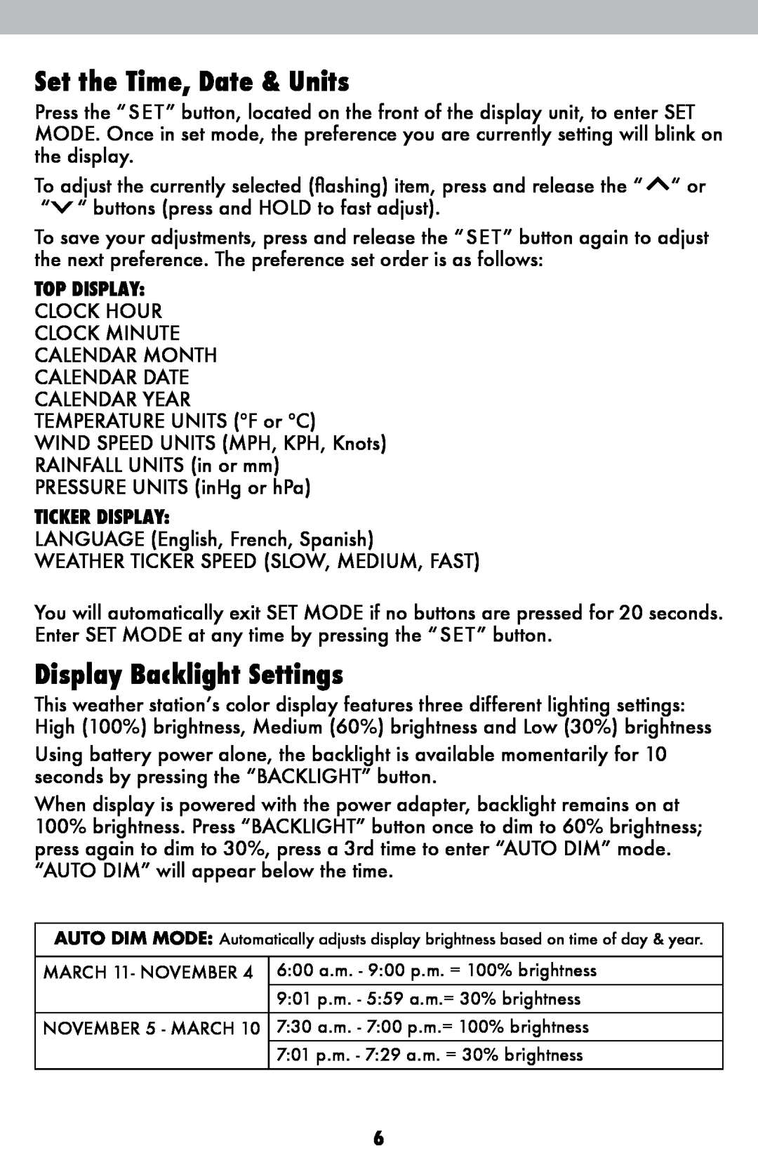 Acu-Rite 06016RM instruction manual Set the Time, Date & Units, Display Backlight Settings, Top Display, Ticker Display 