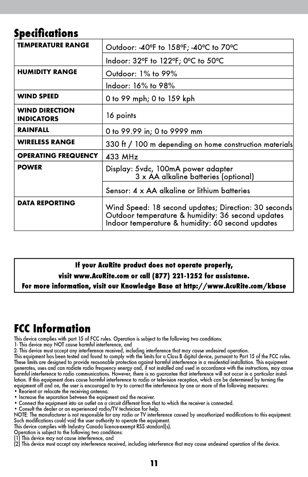 Acu-Rite 06017RM instruction manual Specifications, FCC Information 