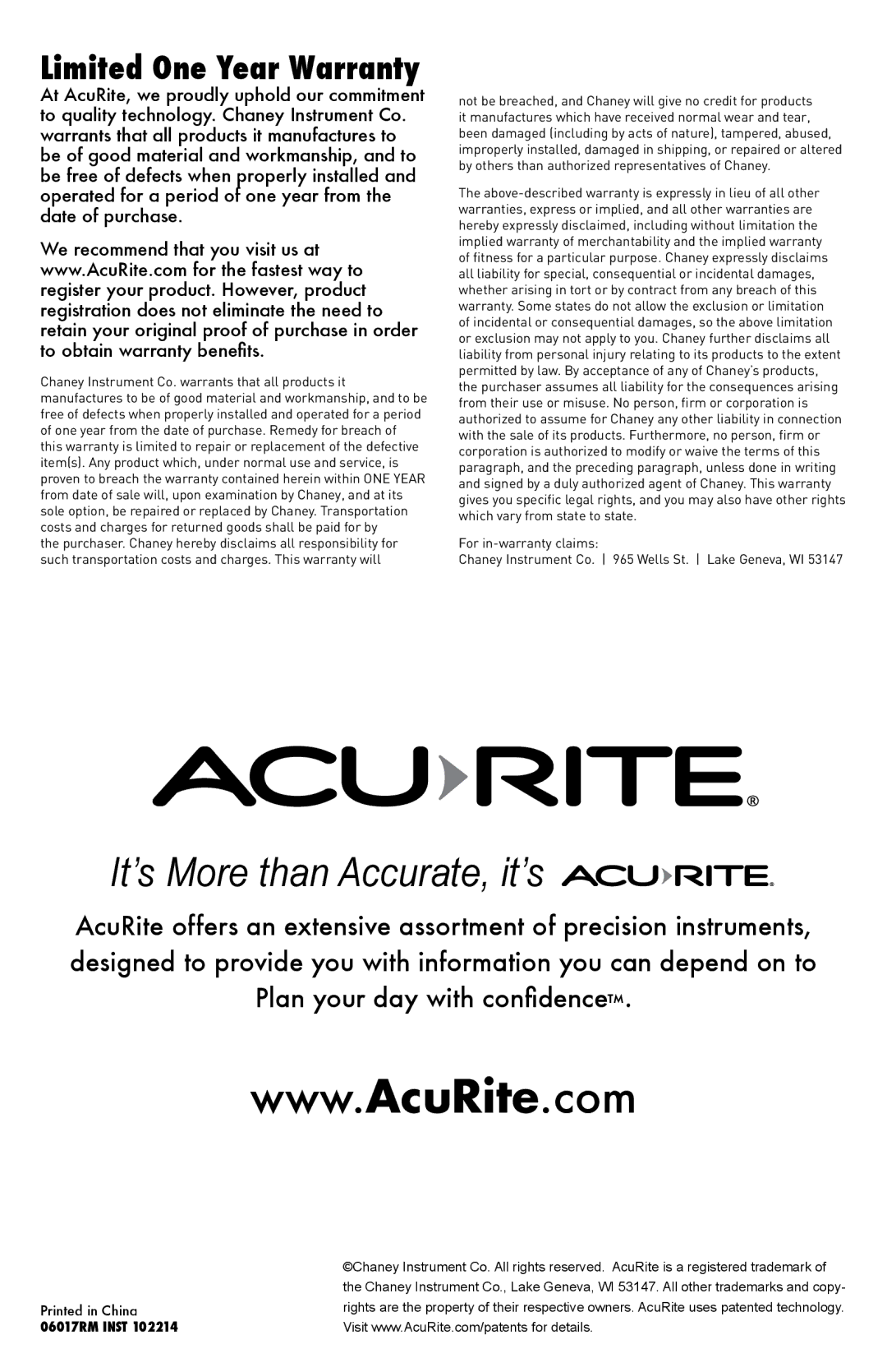 Acu-Rite 06017RM instruction manual It’s More than Accurate, it’s, Limited One Year Warranty 