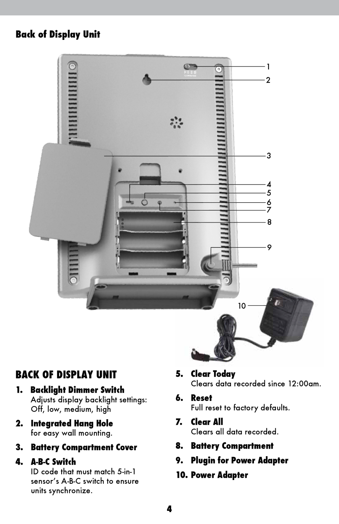 Acu-Rite 06017RM instruction manual Back of Display Unit 