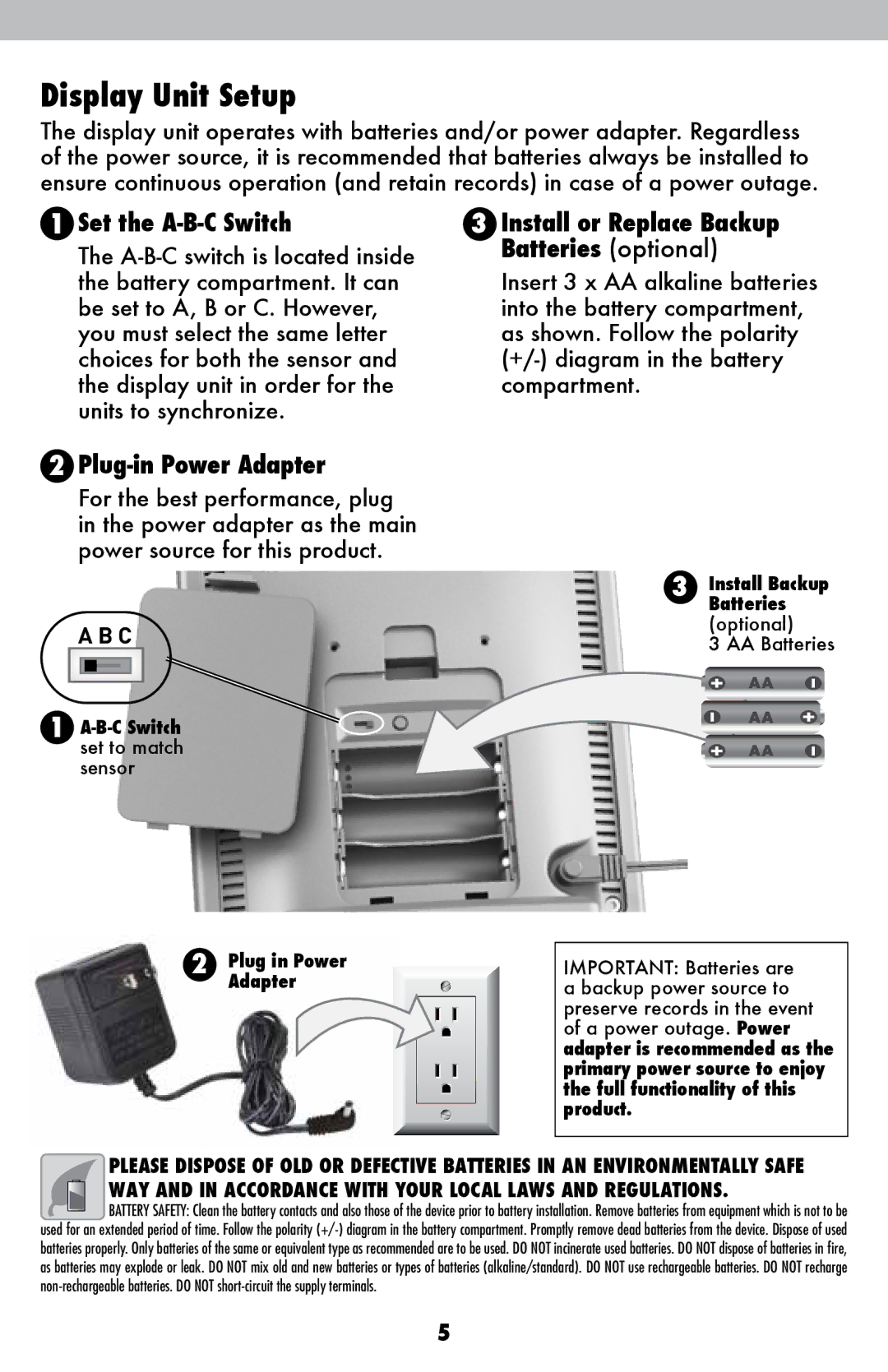 Acu-Rite 06017RM instruction manual Display Unit Setup, Set the A-B-C Switch, Plug-in Power Adapter 