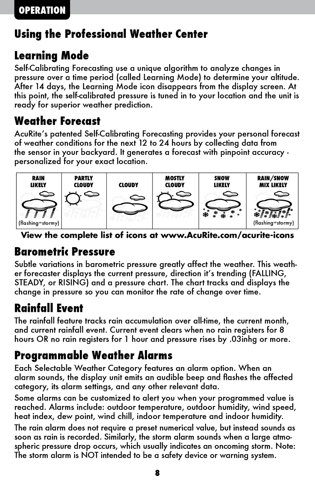 Acu-Rite 06017RM Using the Professional Weather Center Learning Mode, Weather Forecast, Barometric Pressure 