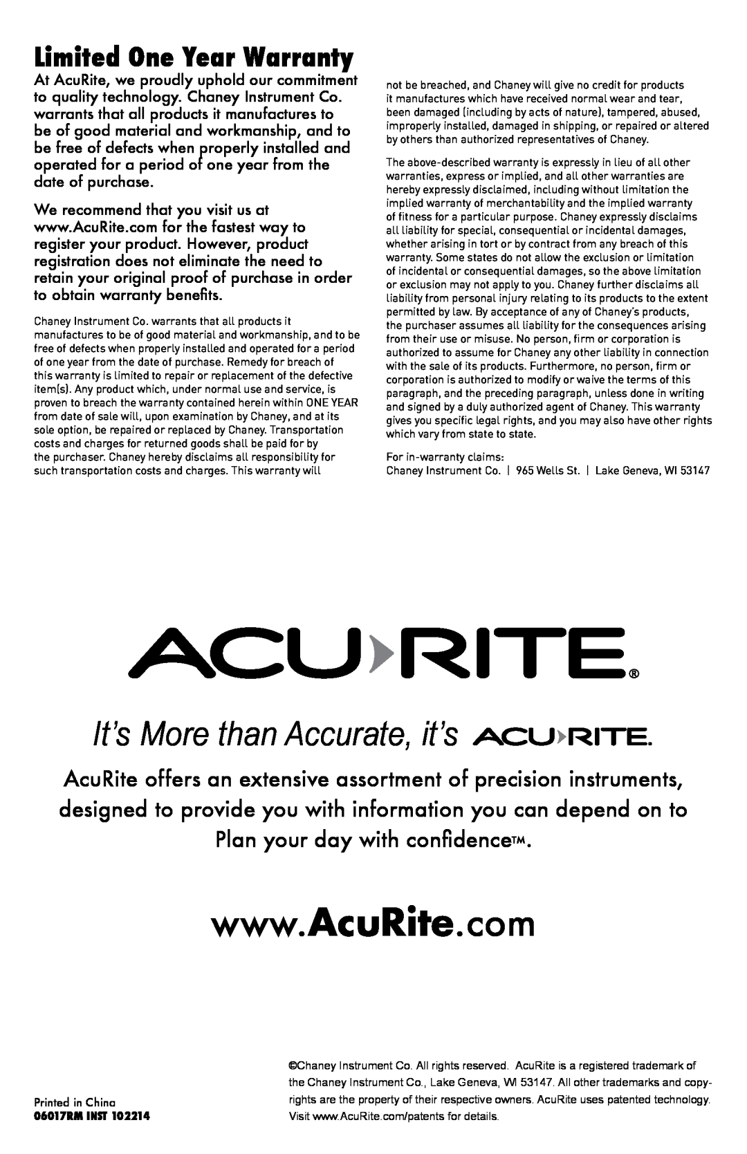 Acu-Rite instruction manual Limited One Year Warranty, It’s More than Accurate, it’s, 06017RM INST 