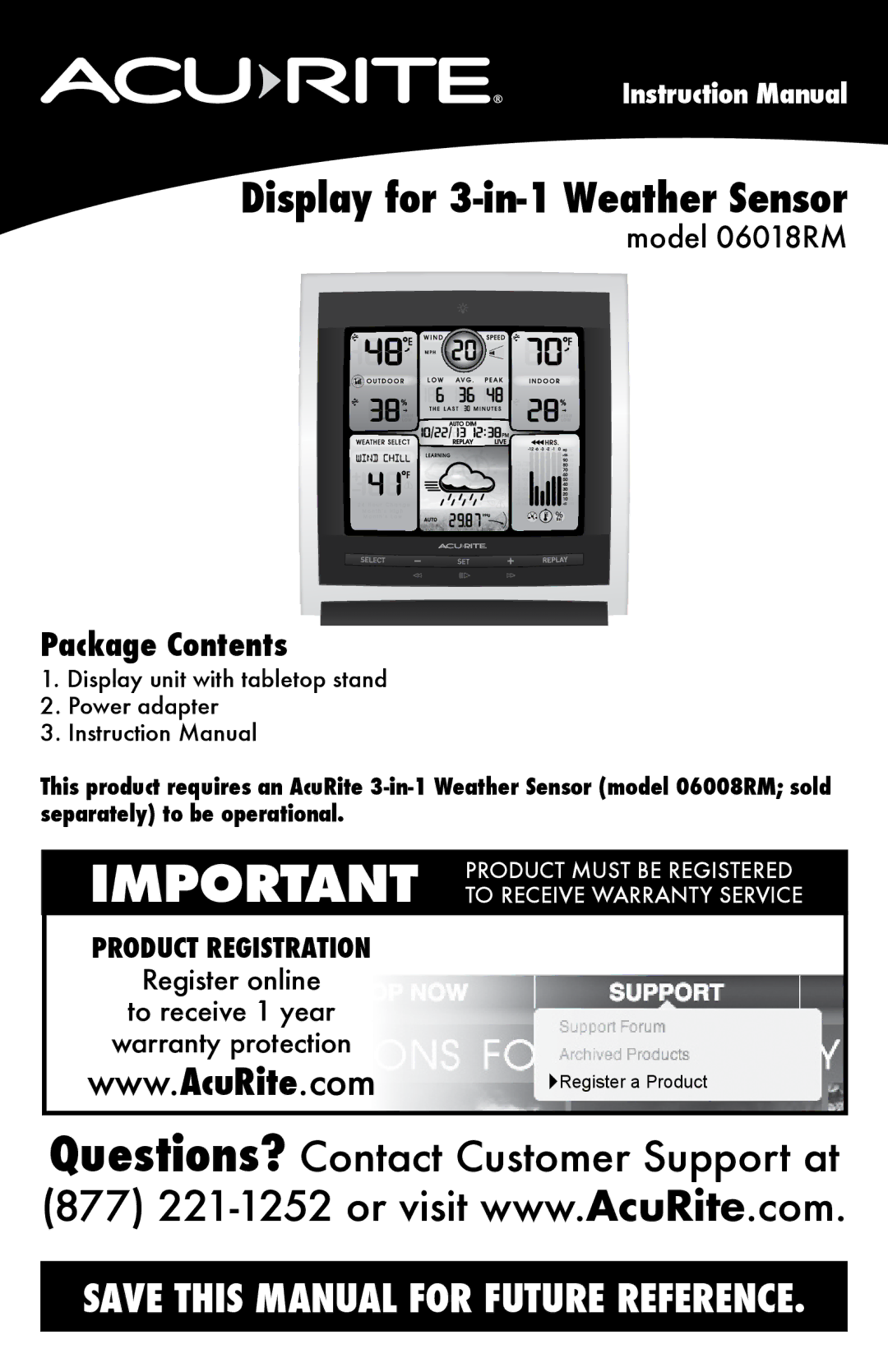 Acu-Rite 06018RM instruction manual Display for 3-in-1 Weather Sensor, Package Contents 