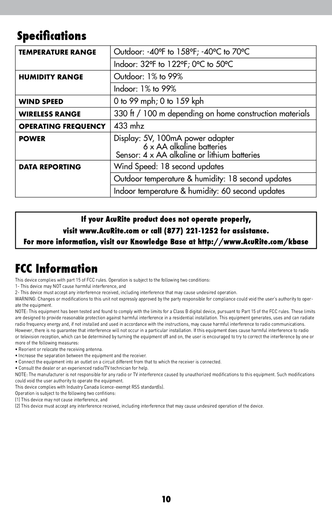 Acu-Rite 06018RM instruction manual Specifications, FCC Information 