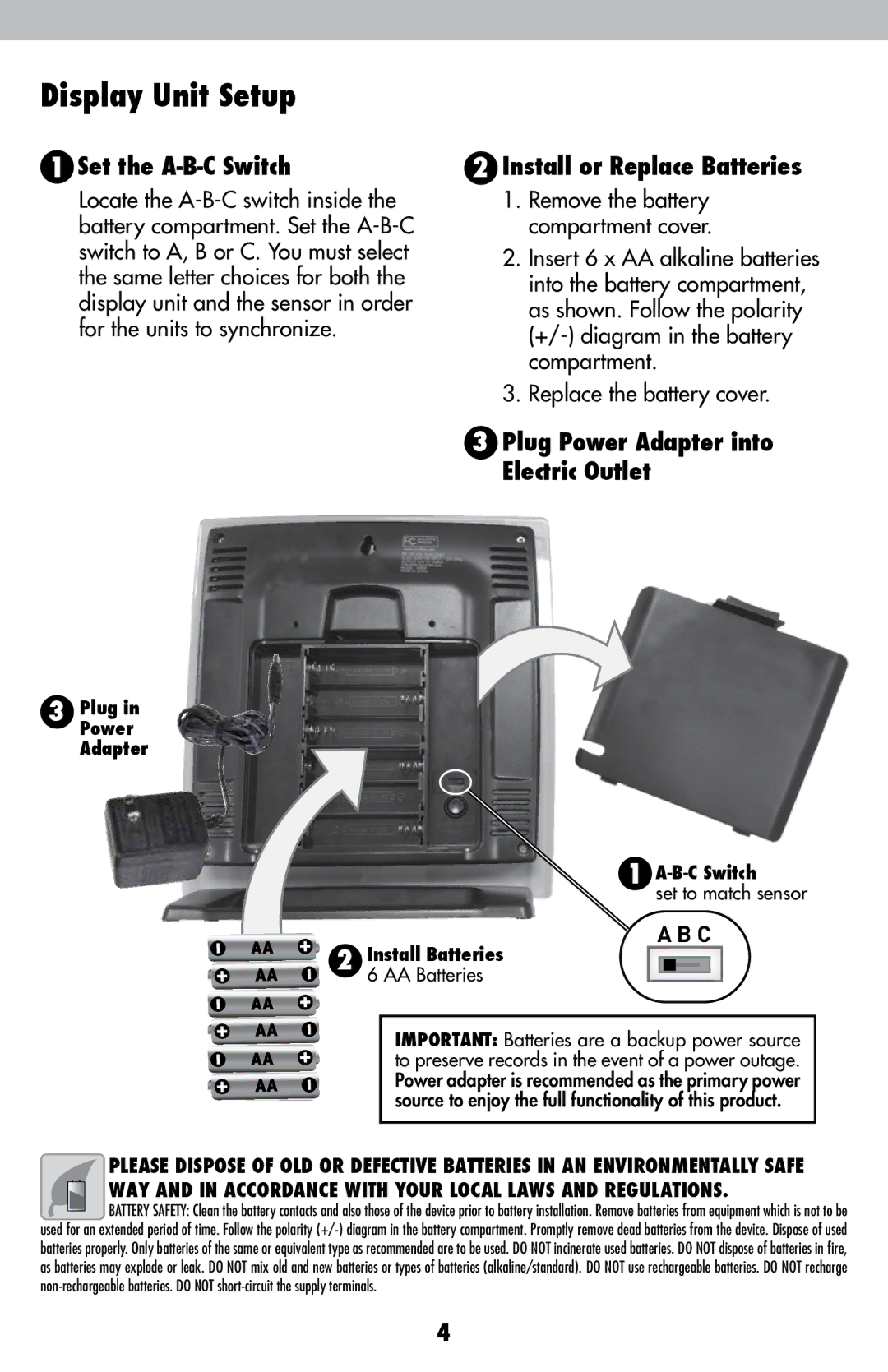 Acu-Rite 06018RM instruction manual Display Unit Setup, Set the A-B-C Switch, Install or Replace Batteries 