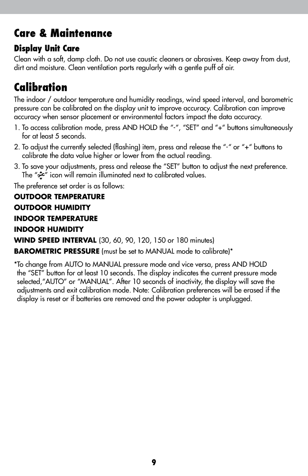 Acu-Rite 06018RM instruction manual Care & Maintenance, Calibration, Display Unit Care 