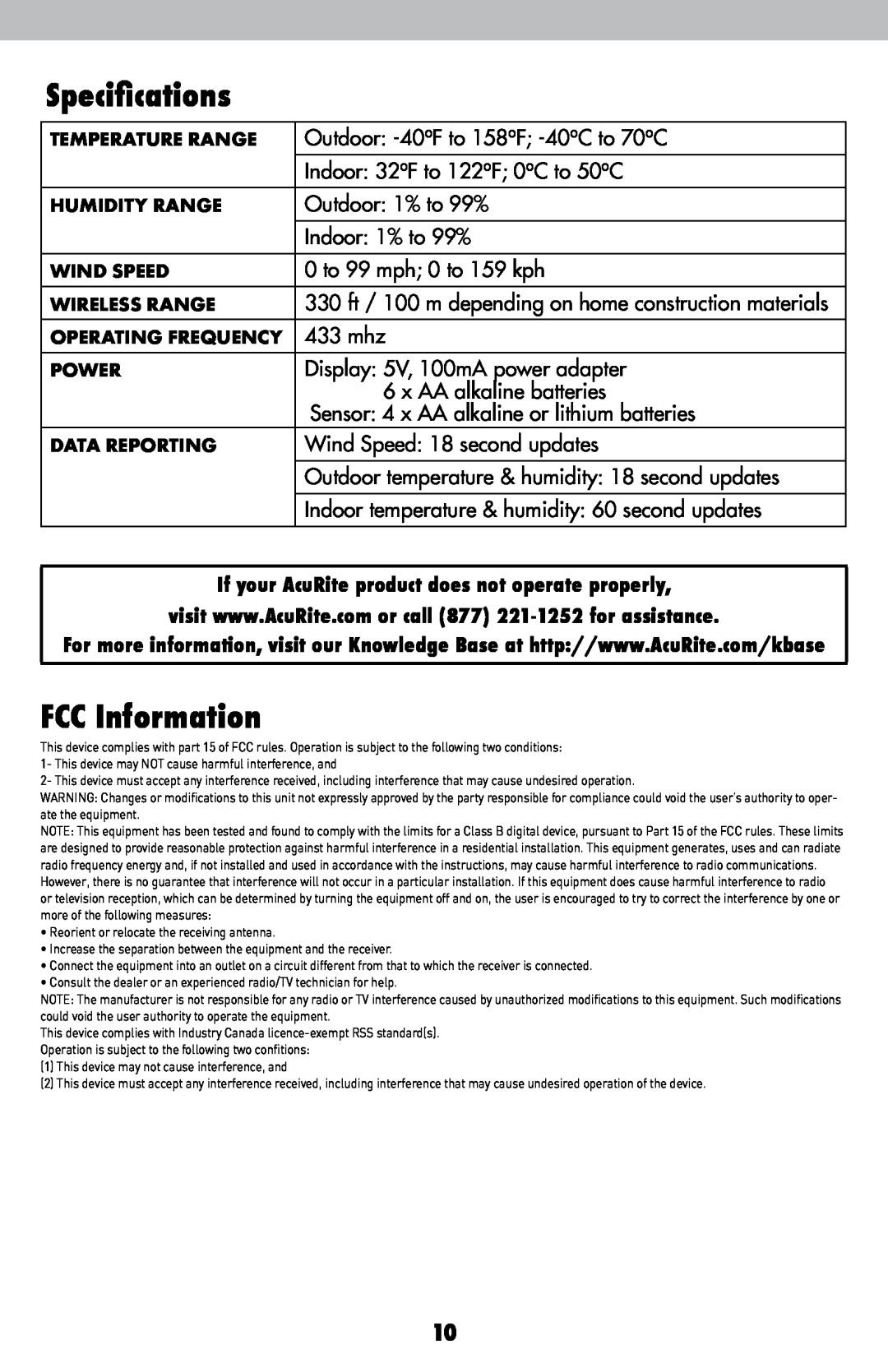 Acu-Rite 06018RM instruction manual Specifications, FCC Information 
