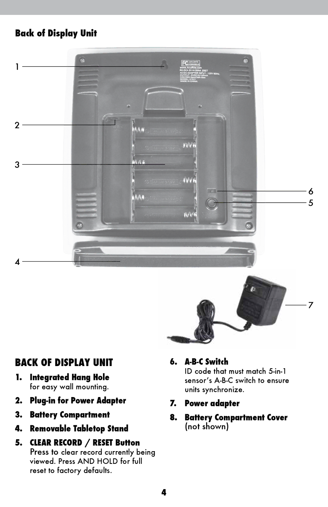 Acu-Rite 06025RM instruction manual Back of Display Unit 