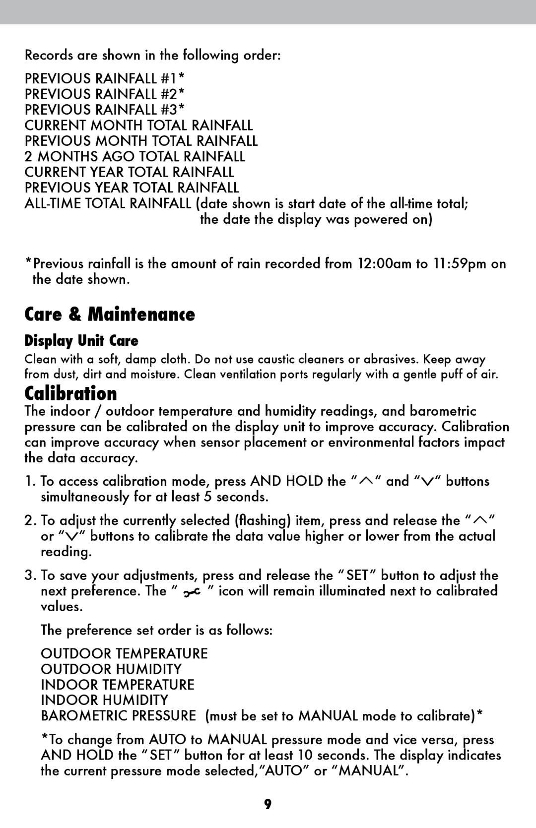 Acu-Rite 06025RM instruction manual Care & Maintenance, Calibration, Display Unit Care 