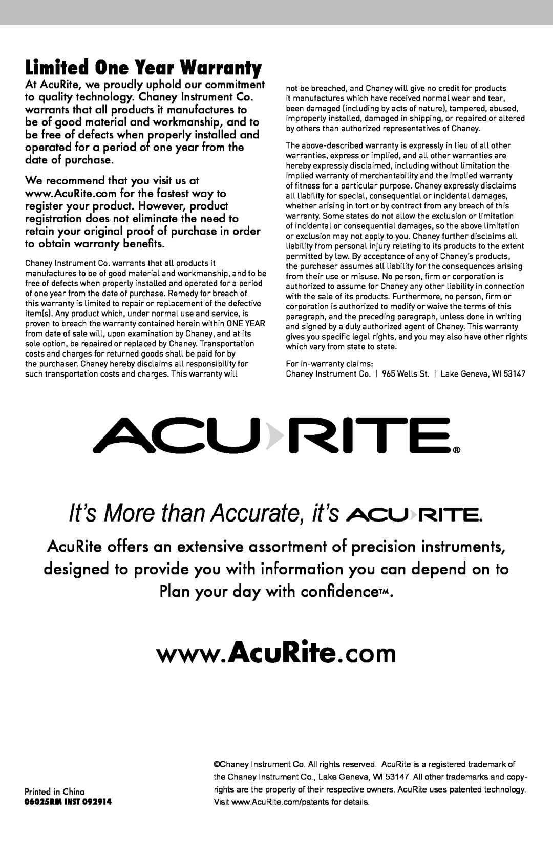 Acu-Rite instruction manual Limited One Year Warranty, It’s More than Accurate, it’s, 06025RM INST 