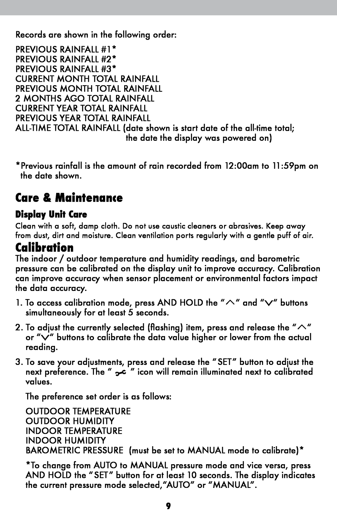 Acu-Rite 06025RM instruction manual Care & Maintenance, Calibration, Display Unit Care 