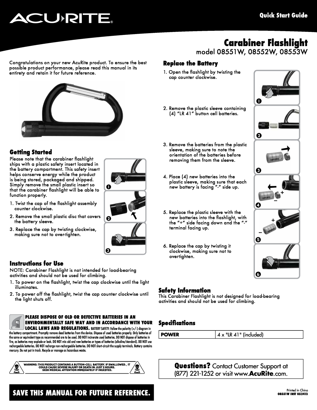 Acu-Rite quick start Carabiner Flashlight, Save This Manual For Future Reference, model 08551W, 08552W, 08553W, Power 