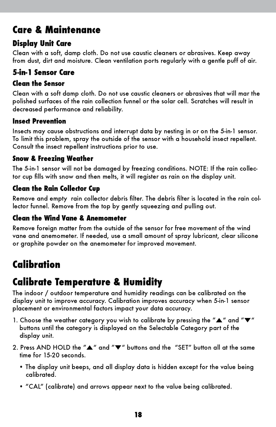 Acu-Rite 1010 Care & Maintenance, Calibration Calibrate Temperature & Humidity, Display Unit Care, In-1 Sensor Care 