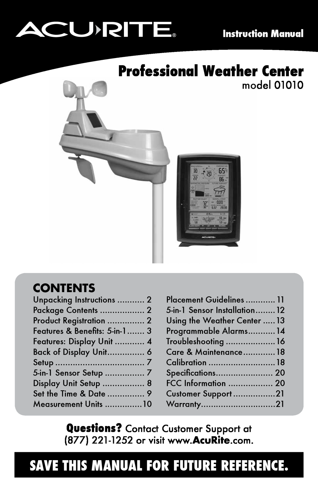 Acu-Rite 1010 instruction manual Contents, model, Professional Weather Center, Save This Manual For Future Reference 