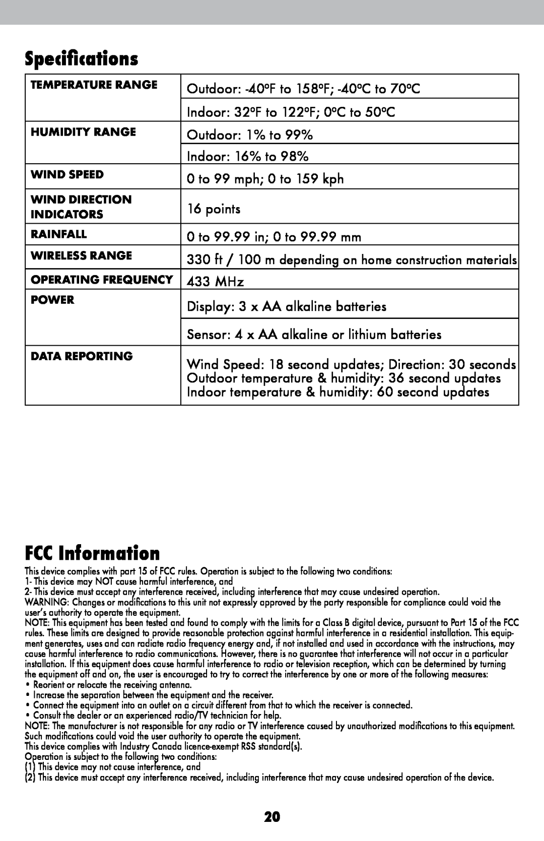 Acu-Rite 1010 instruction manual Specifications, FCC Information 