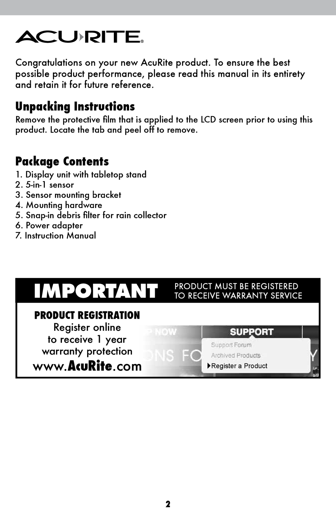 Acu-Rite 1015 instruction manual Unpacking Instructions, Package Contents 